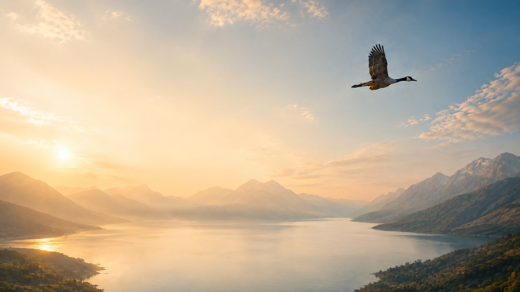 Canada goose in flight over an open horizon, the Aligned in Motion motif